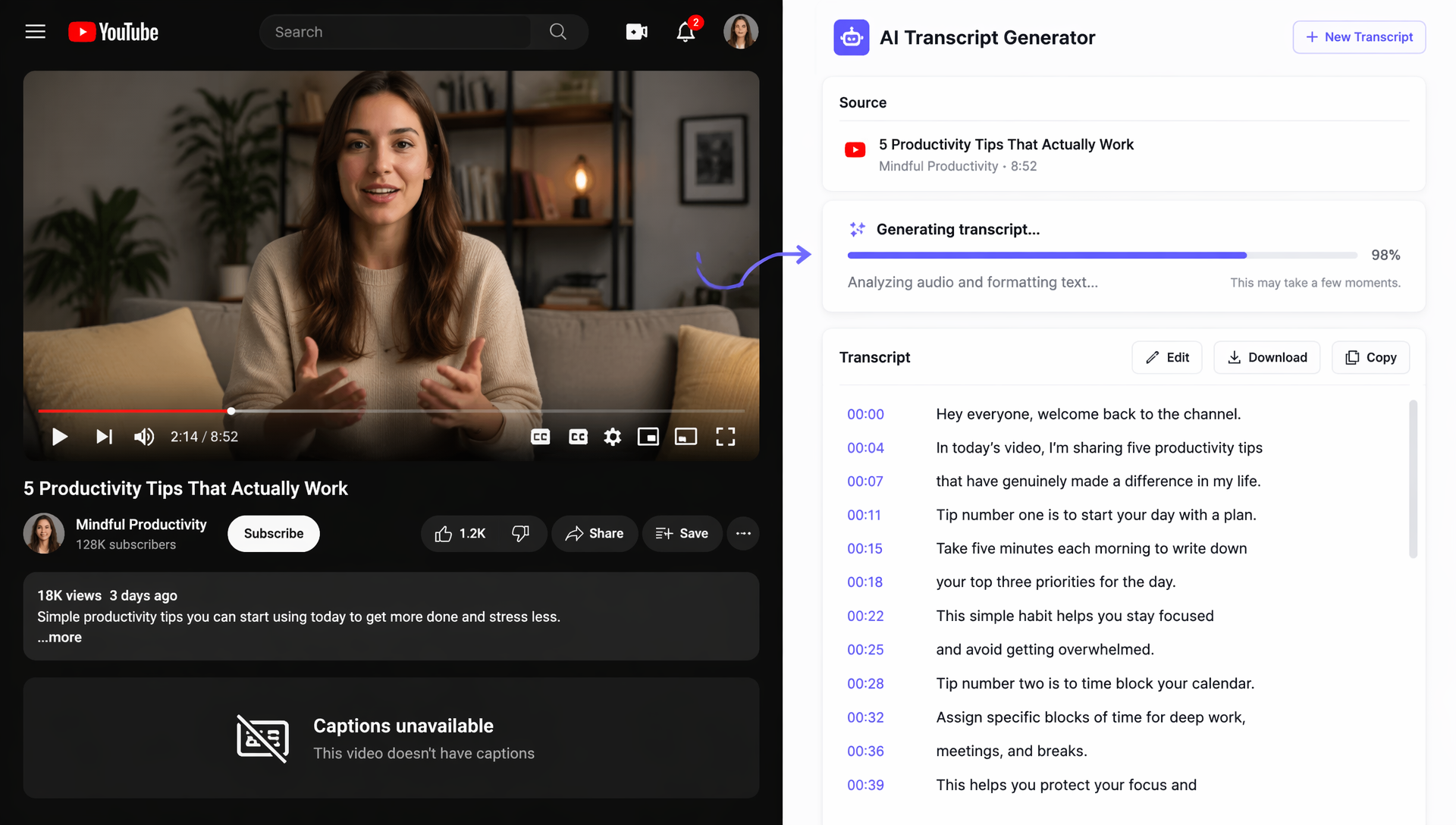 HiNoter erstellt ein KI-Transkript für YouTube-Videos ohne Untertitel