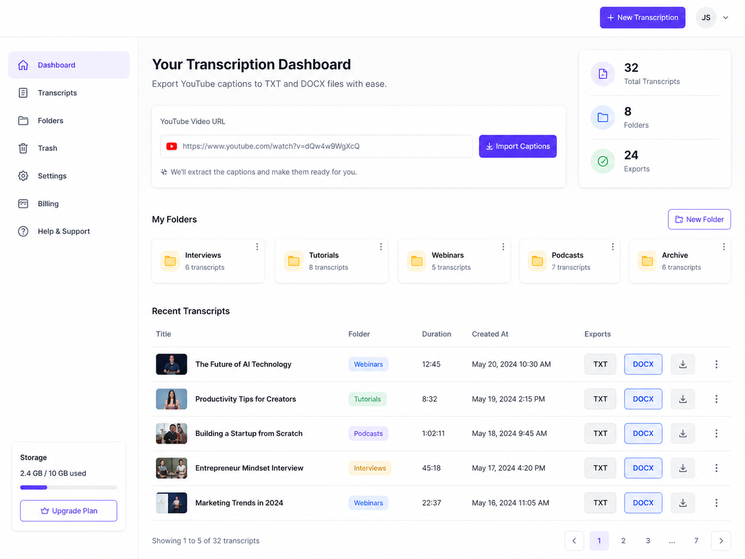Dashboard zum Export von YouTube-Untertiteln in TXT und DOCX