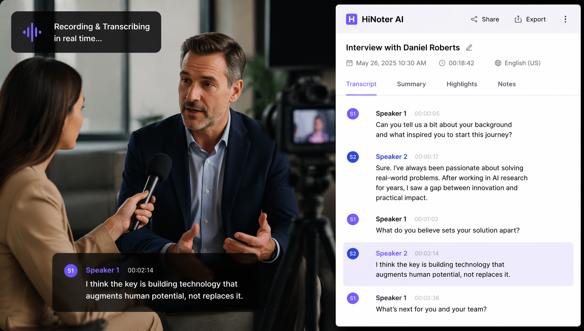 Transcripción de entrevista con marcas de tiempo y etiquetas de hablantes en HiNoter