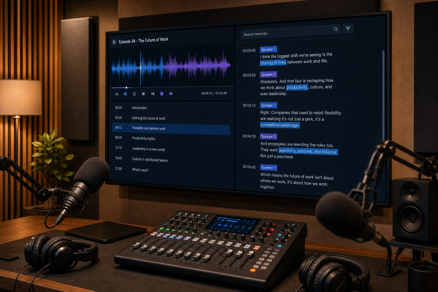 Transcripción de pódcast con IA y forma de onda de audio en HiNoter