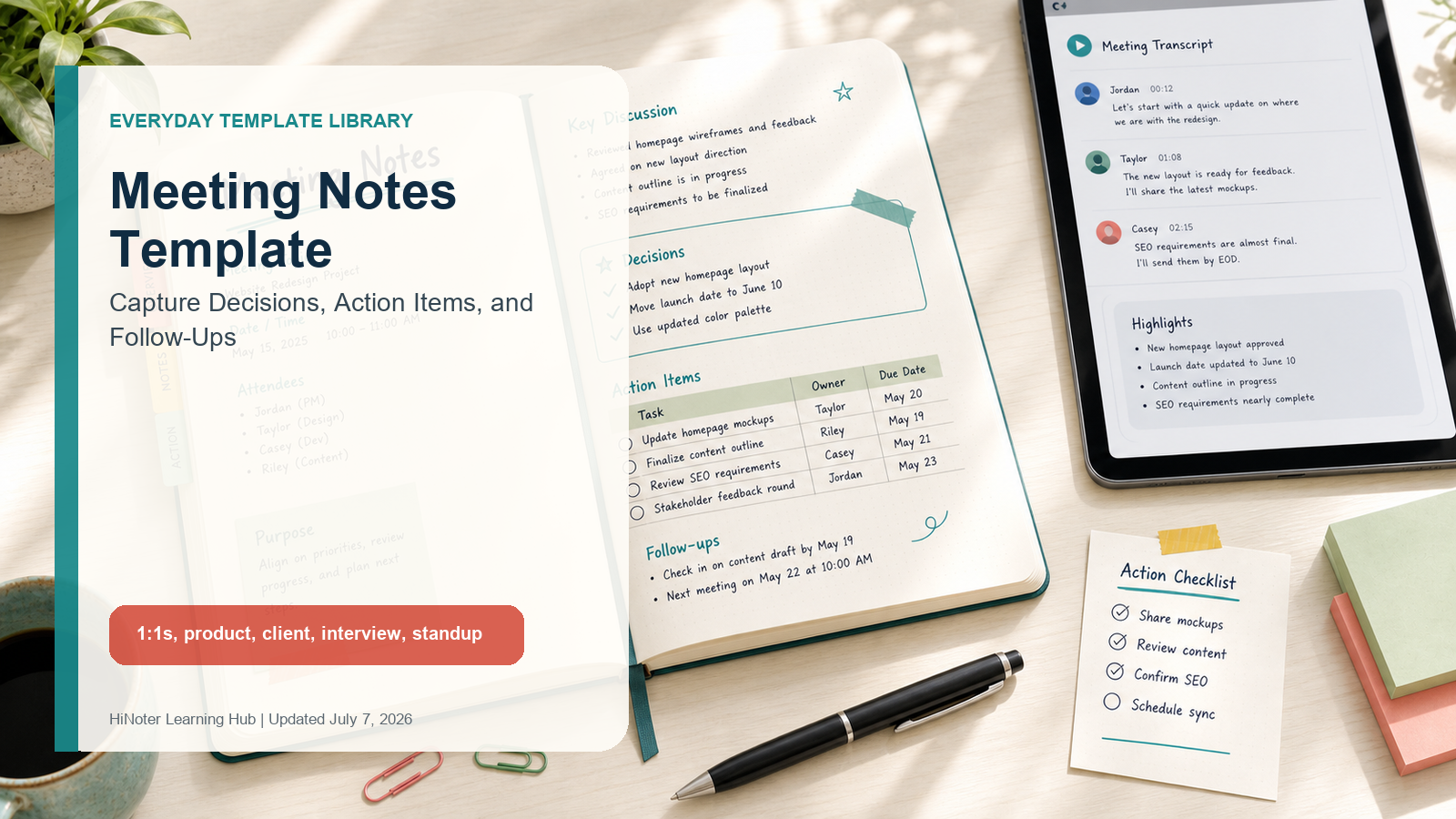 Cover visual: bright editorial meeting notes notebook with decisions, action items, follow-ups, and transcript card.