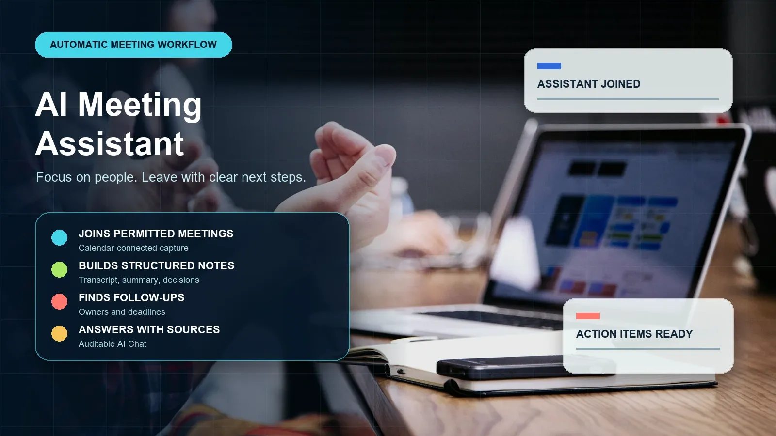 HiNoter acts as an AI meeting assistant that captures approved conversations and turns them into structured, reusable knowledge.