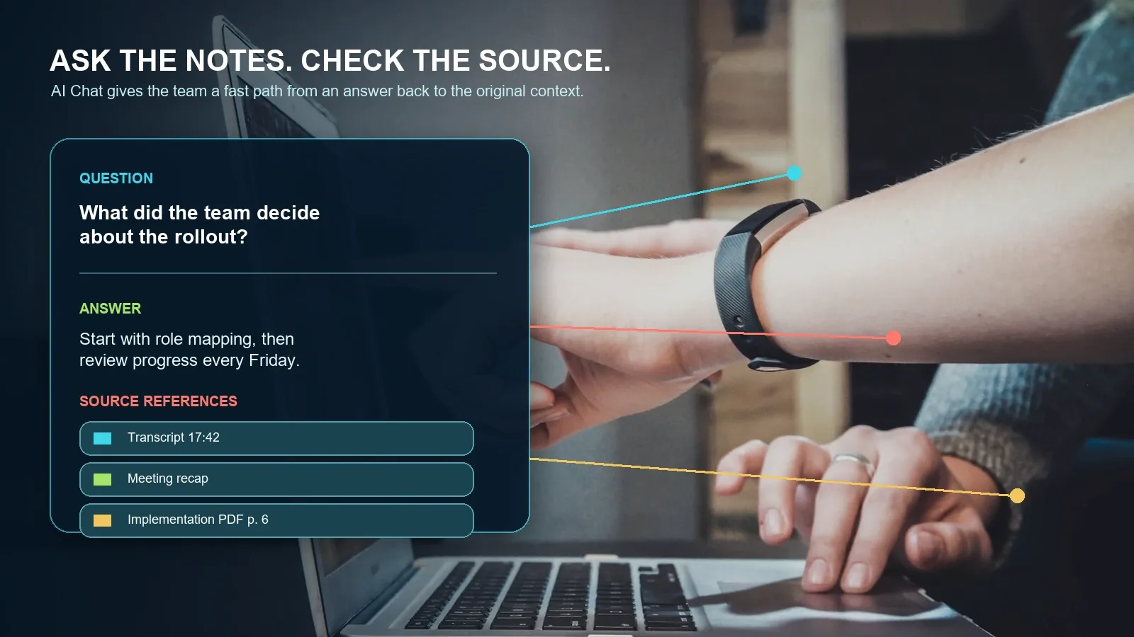 Source references help users audit an AI answer before they distribute the recap or create a task.