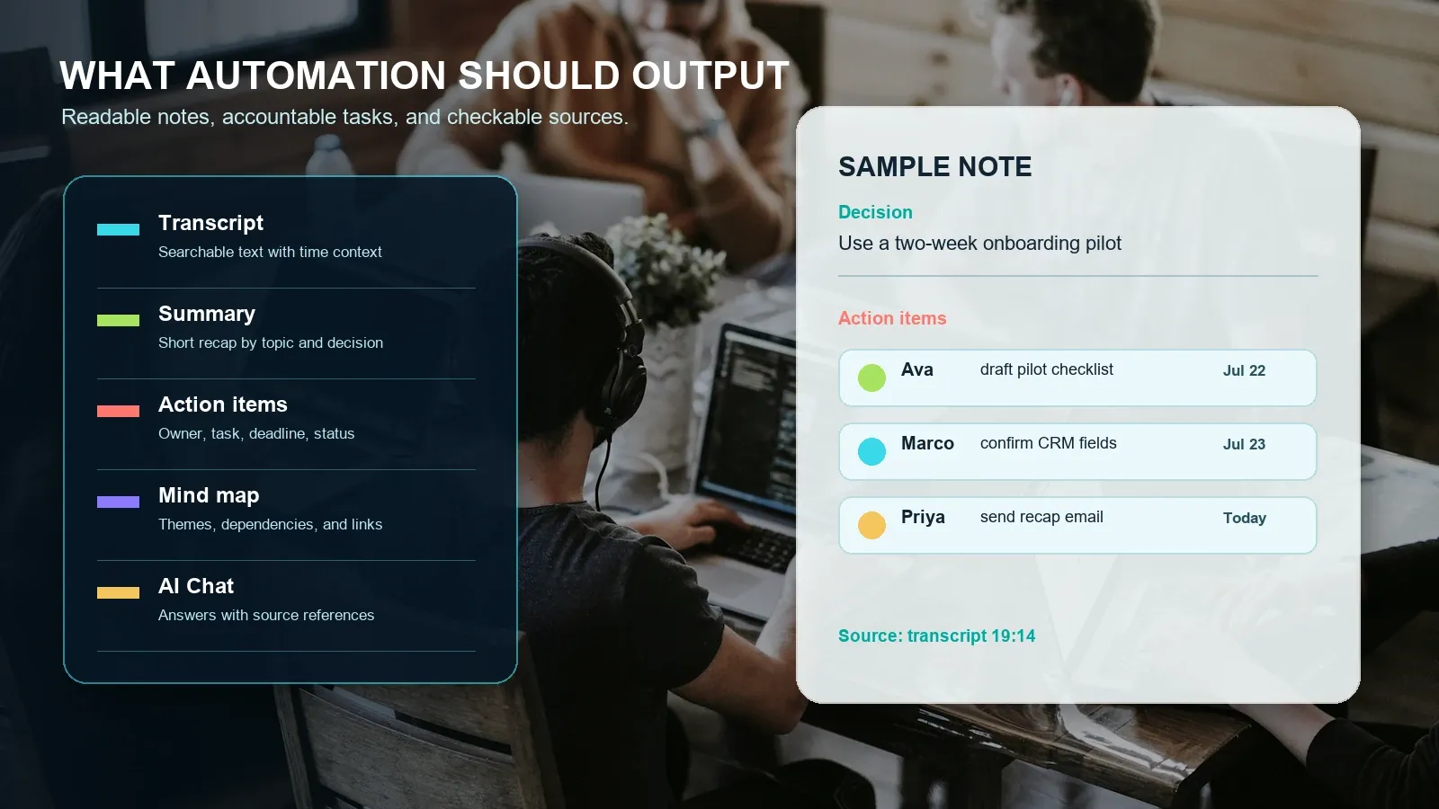 A strong output separates the recap from the task list and keeps the evidence visible.