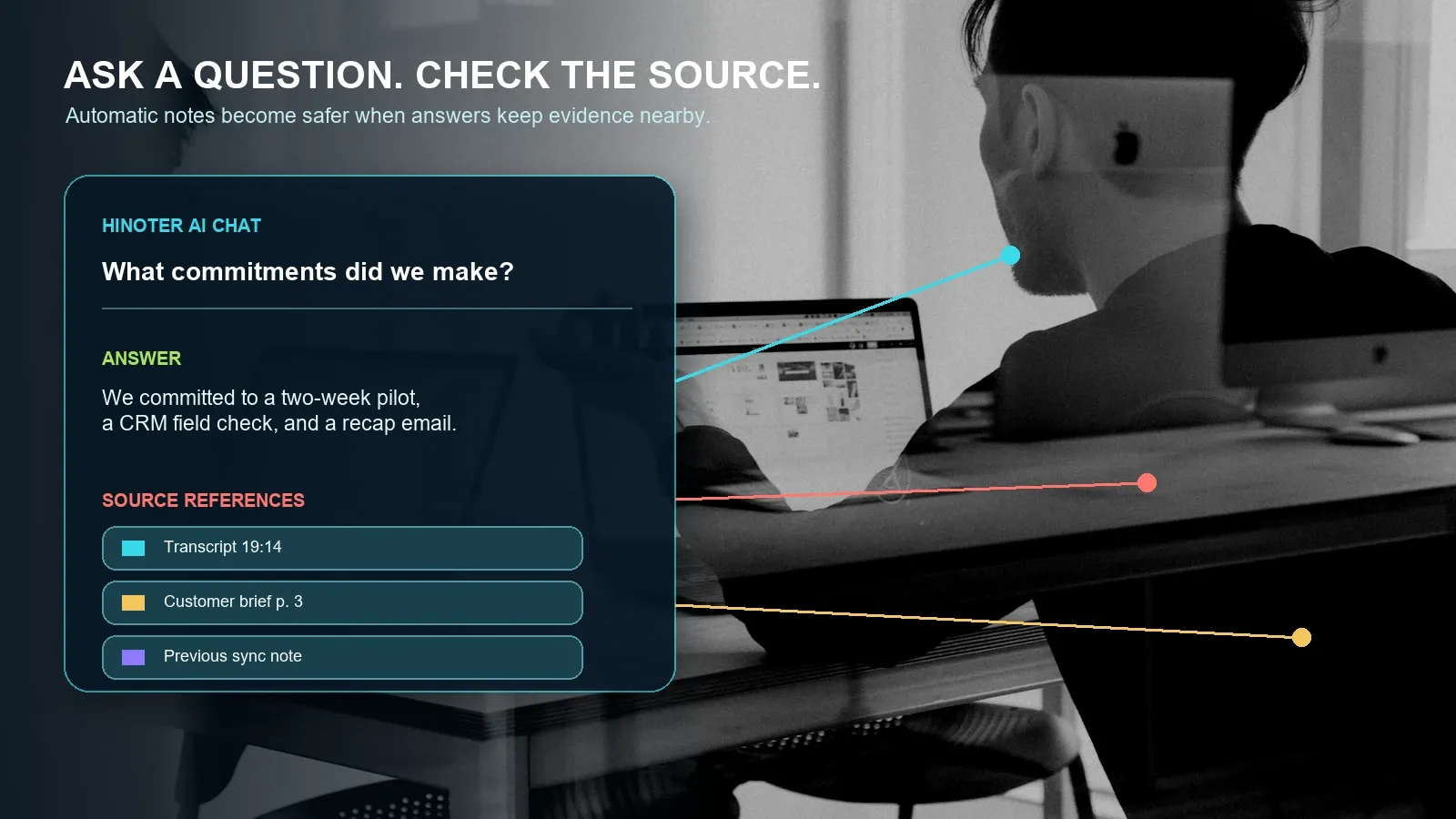 Source references make it faster to audit an answer before the team acts on it.