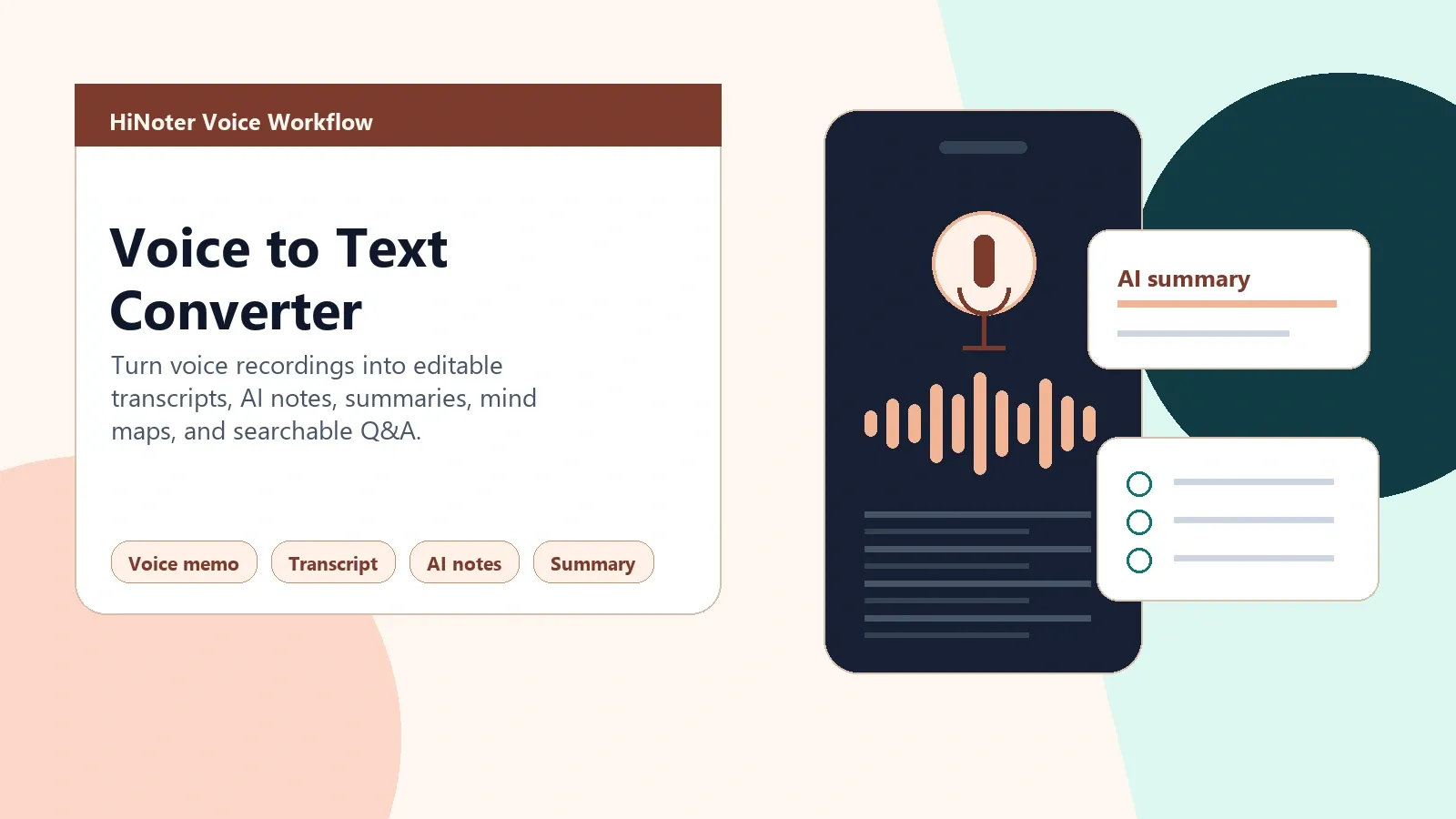 Voice to text converter workflow with AI notes summaries action items and searchable Q&A