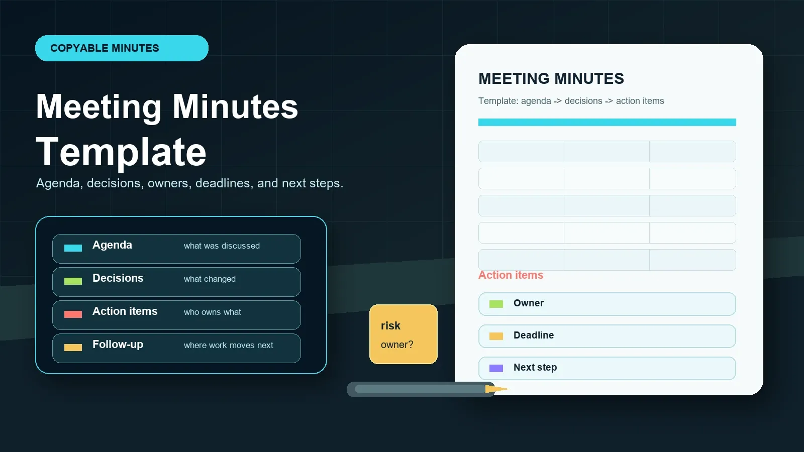 A meeting minutes template is useful only when it captures what changed, who owns the work, and where follow-up goes next.
