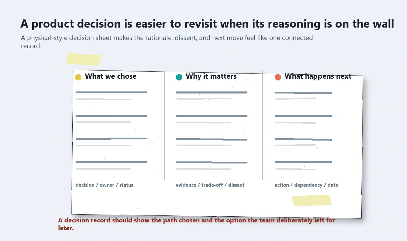 Product meeting notes decision ledger with rationale trade-offs owners and action items