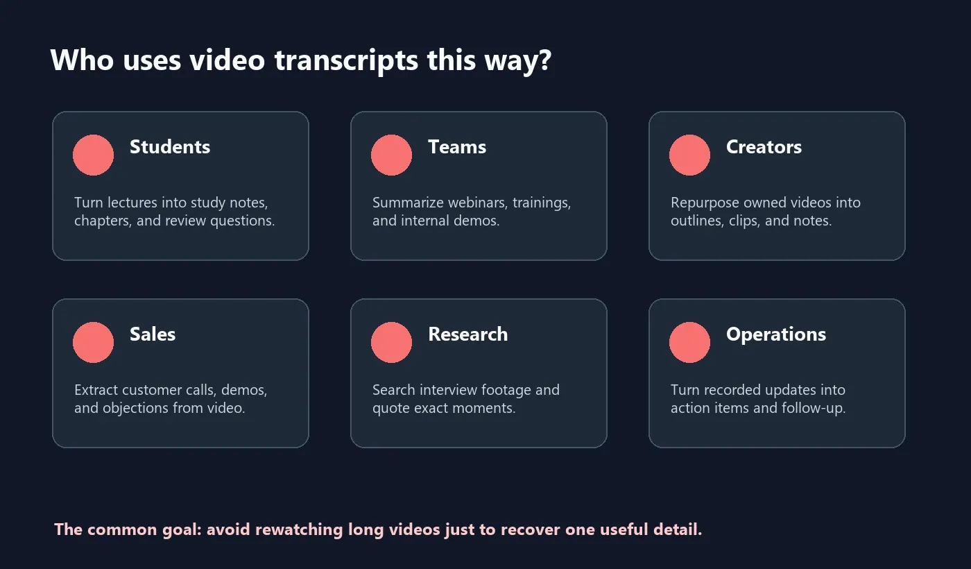 Use cases for YouTube transcript generator including students teams creators sales research and operations