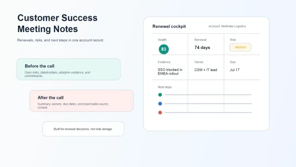 Notities van Customer Success-gesprekken voor verlengingen, risico’s en vervolgstappen